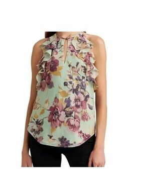 Ralph Lauren Floral Ruffle Blouse - Purple and Cream small